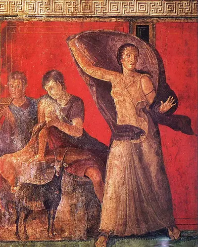 Detail of the Villa of the Mysteries frieze at Pompeii: a young satyr playing pan pipes, a nymph feeding a goat and a startled woman with her cloak billowing, on Pompeian red
