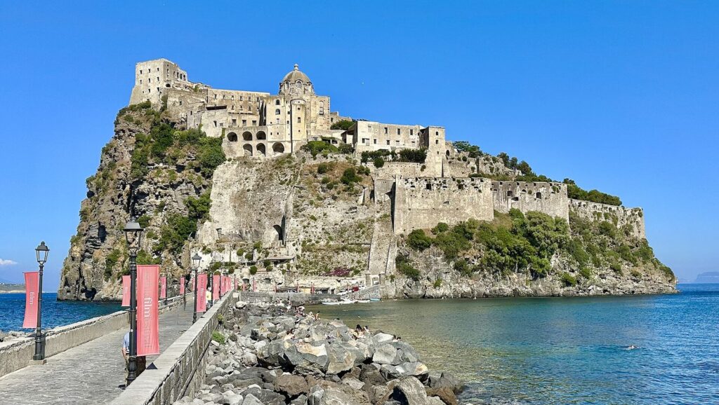 The Aragonese Castle on its rocky islet off Ischia Ponte, reached by a long stone causeway