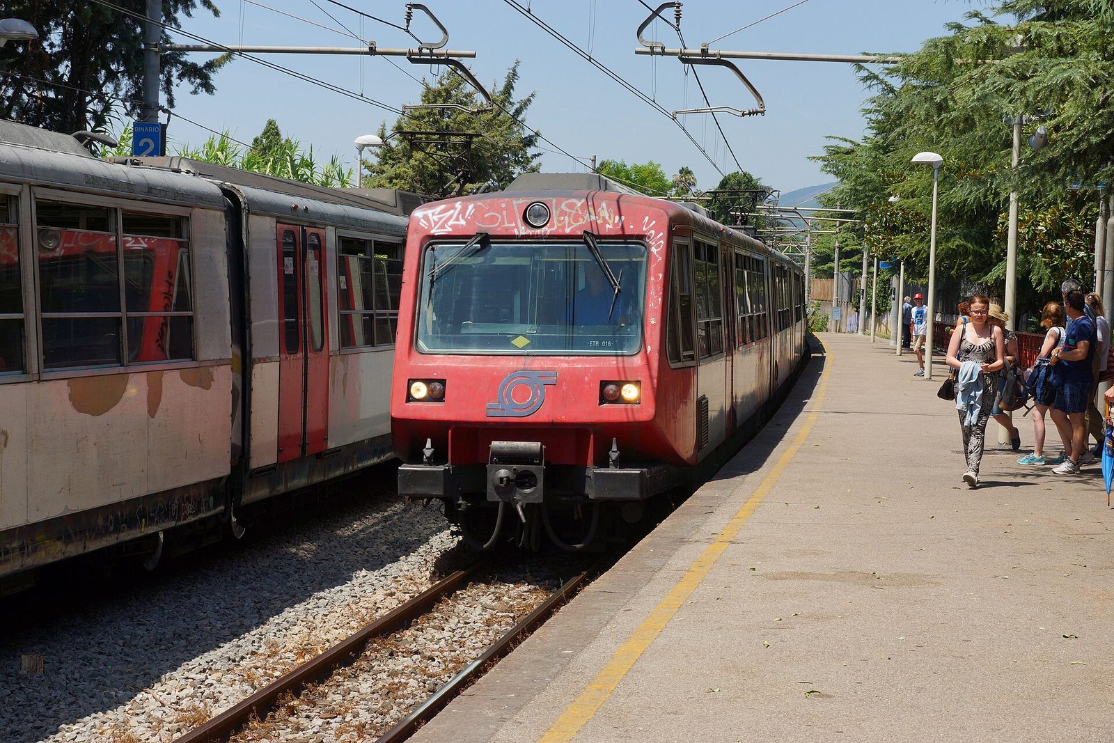 A Circumvesuviana train at Pompei Scavi station, the stop for the ruins of Pompeii