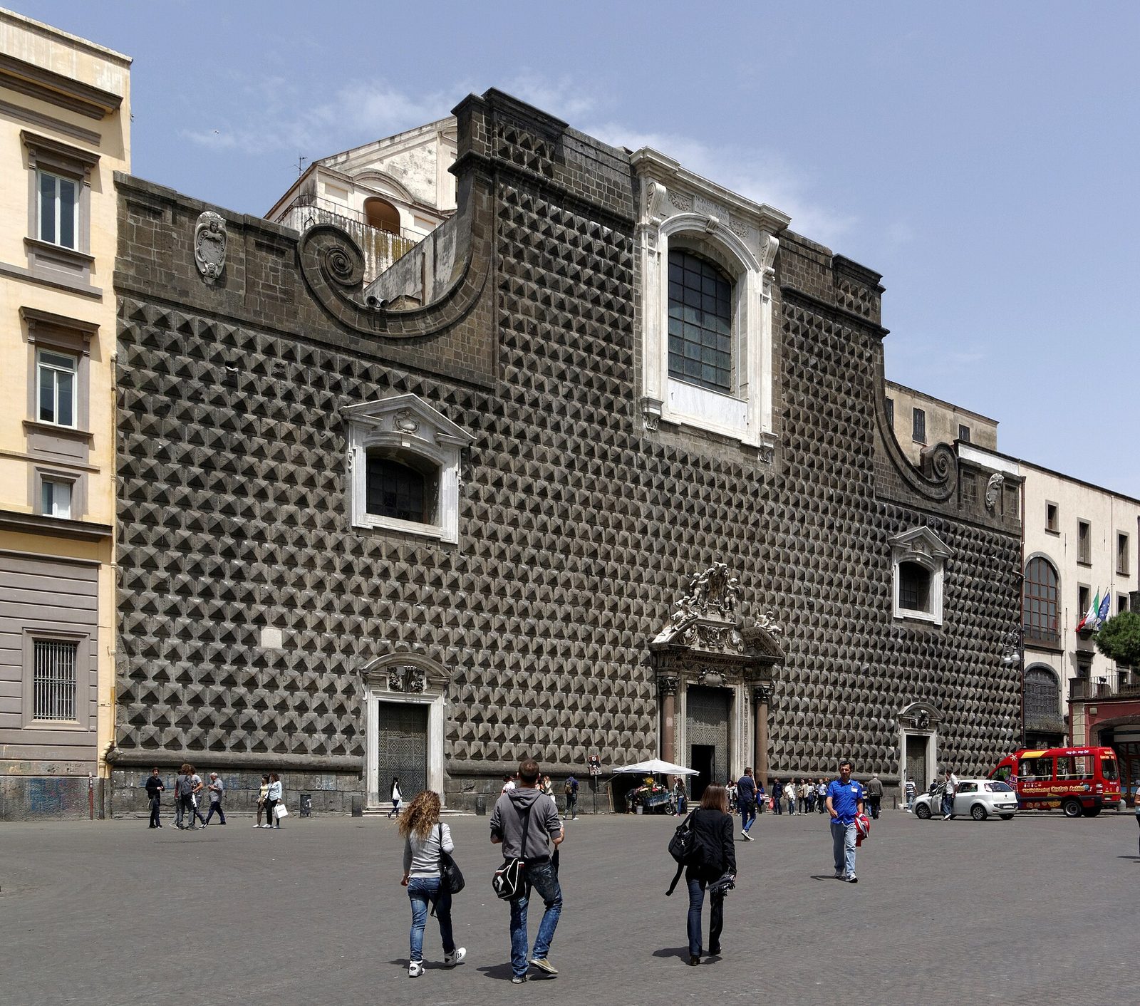 The diamond-pointed stone facade of the Gesù Nuovo church, where Spaccanapoli begins in the centro storico, Naples