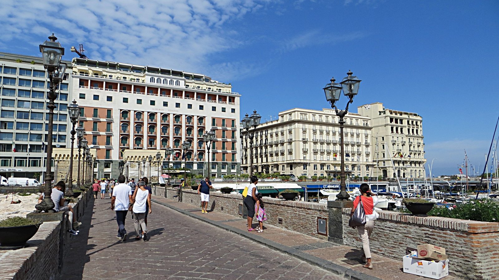 The Grand Hotel Vesuvio and neighboring seafront hotels on Via Partenope, seen from the Castel dell'Ovo causeway