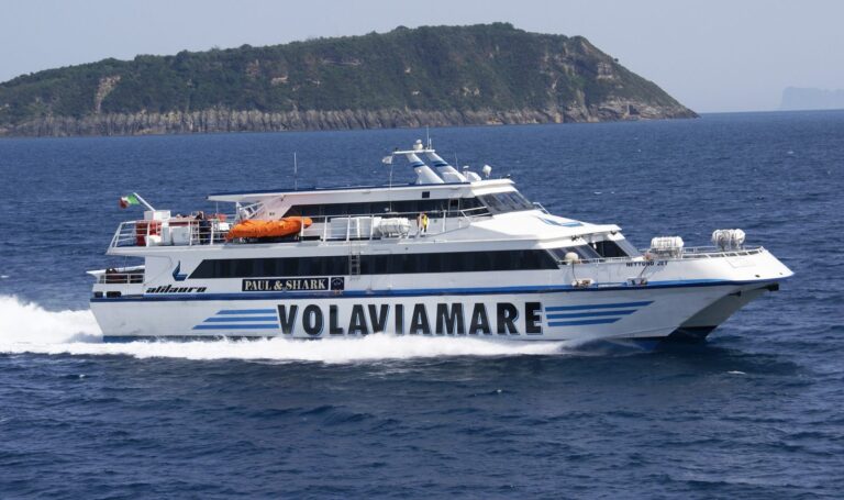 A fast hydrofoil ferry crossing the Gulf of Naples with an island headland behind
