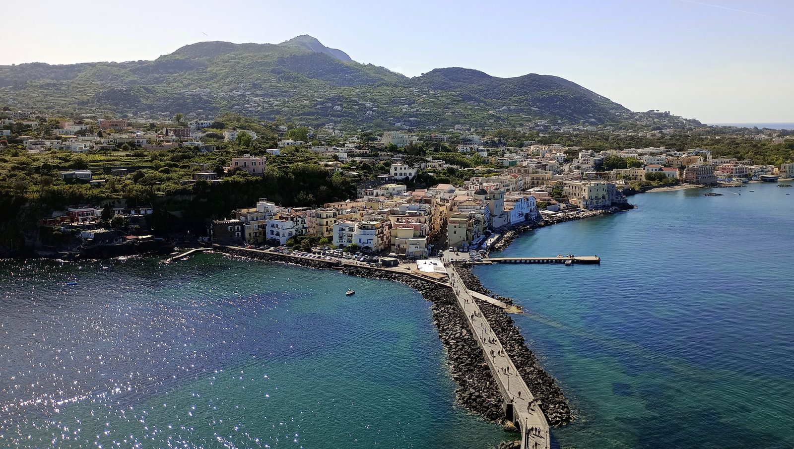 View from the Aragonese Castle over Ischia Ponte and its causeway, with Mount Epomeo rising behind