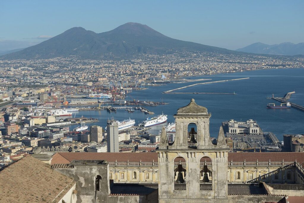Naples seen from Castel Sant'Elmo, with the Certosa di San Martino, the port and Mount Vesuvius