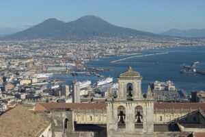 Naples seen from Castel Sant'Elmo, with the Certosa di San Martino, the port and Mount Vesuvius