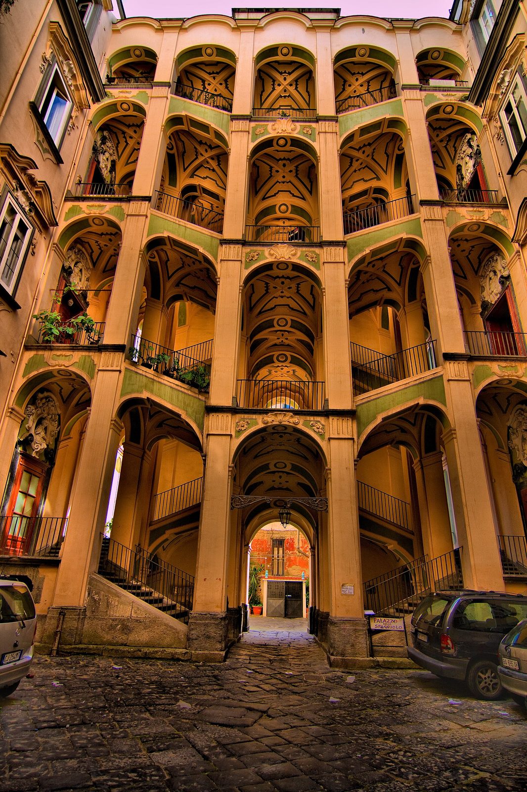 The Baroque double staircase of Palazzo dello Spagnolo in the Rione Sanità, Naples
