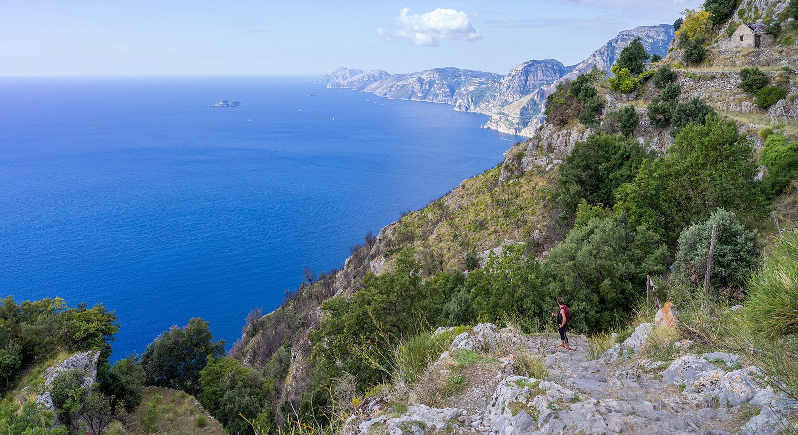 Panorama of the Amalfi Coast cliffs and sea from the Path of the Gods
