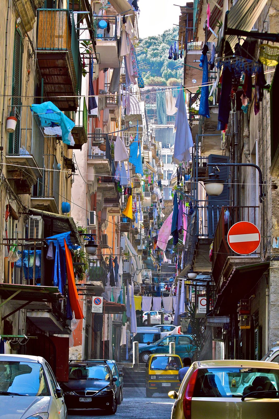 Laundry hanging across a steep lane in the Quartieri Spagnoli in Naples