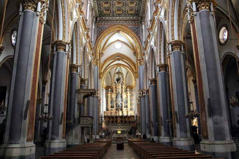 The Gothic nave and gilded coffered ceiling of San Domenico Maggiore church in Naples