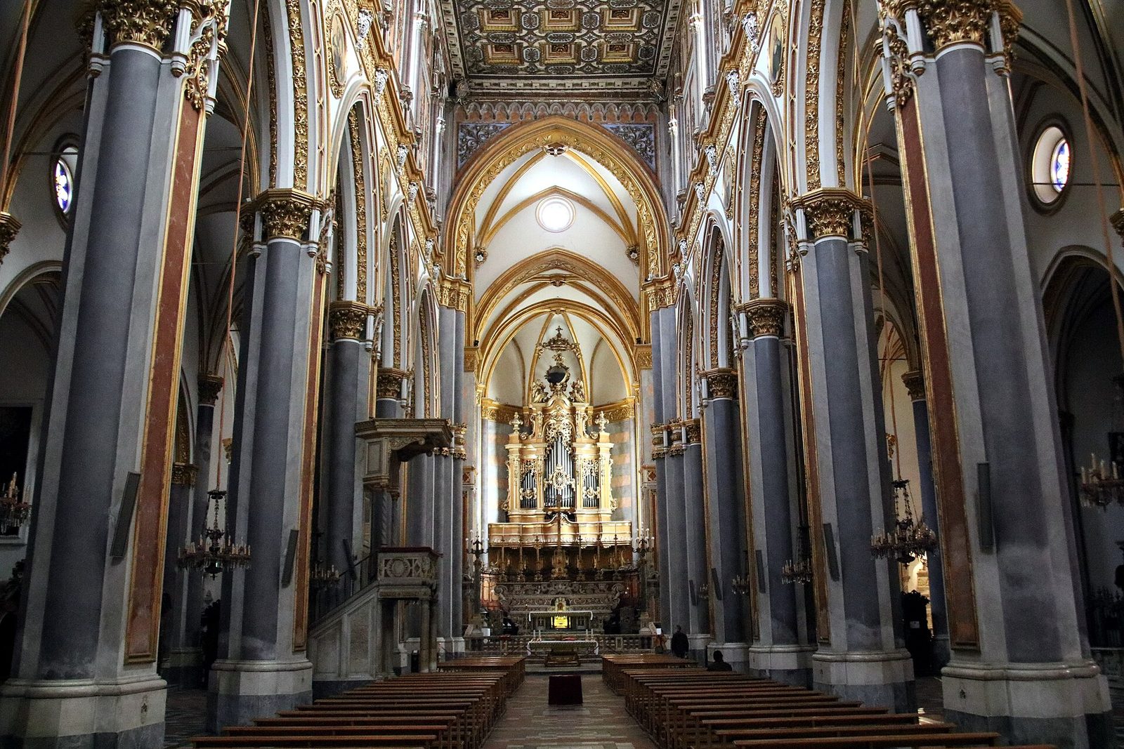The Gothic nave and gilded coffered ceiling of San Domenico Maggiore church in Naples