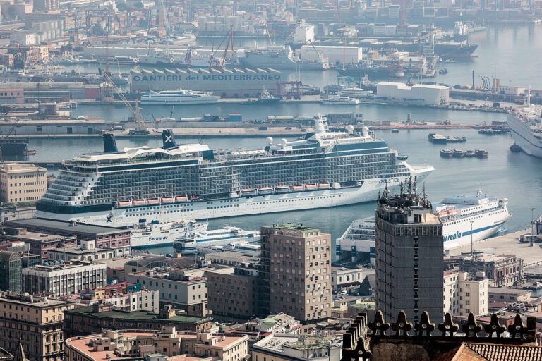A cruise ship moored in the port of Naples, Italy, with the city rising behind it
