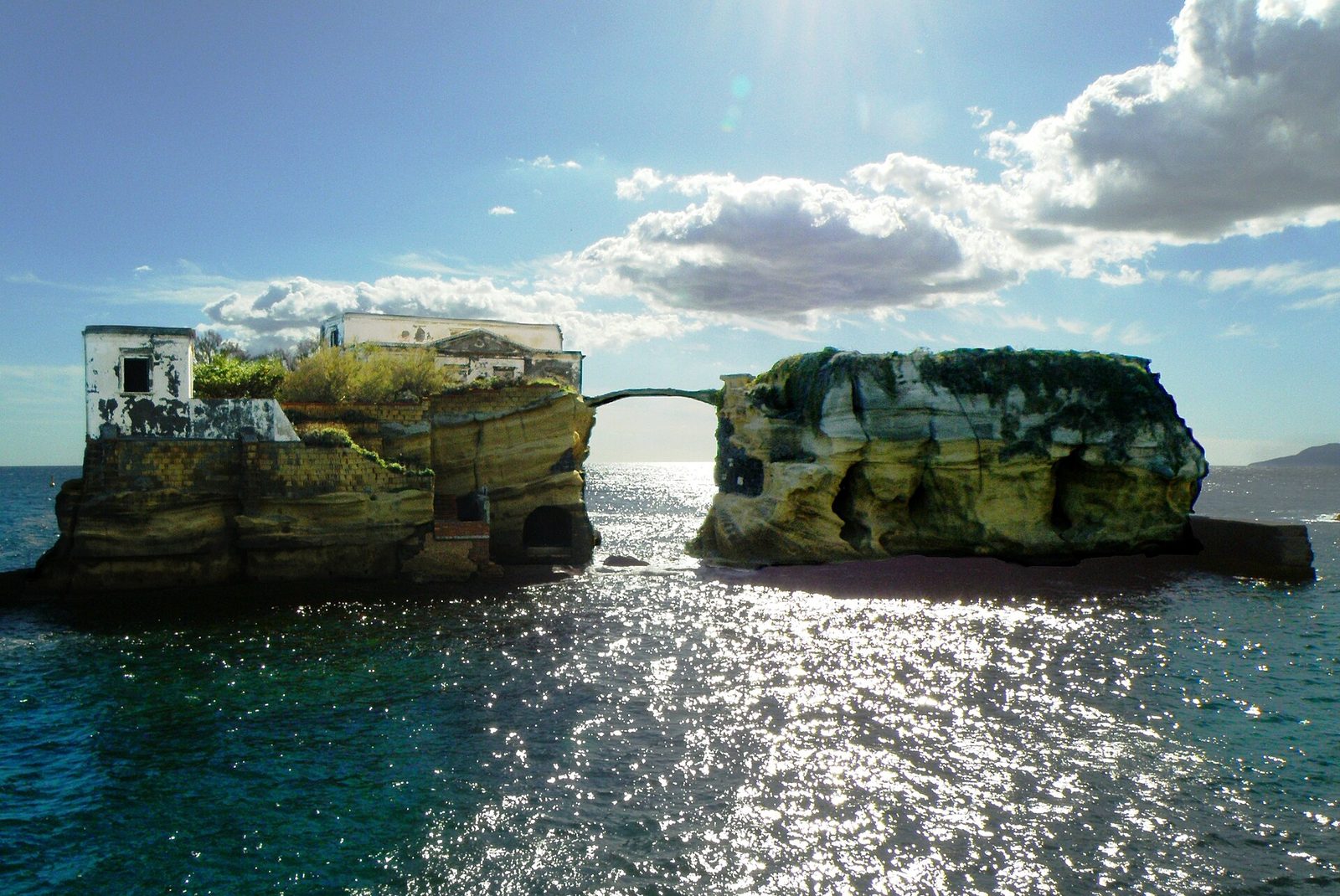 The two Gaiola islets joined by a small footbridge off the tip of Posillipo in Naples