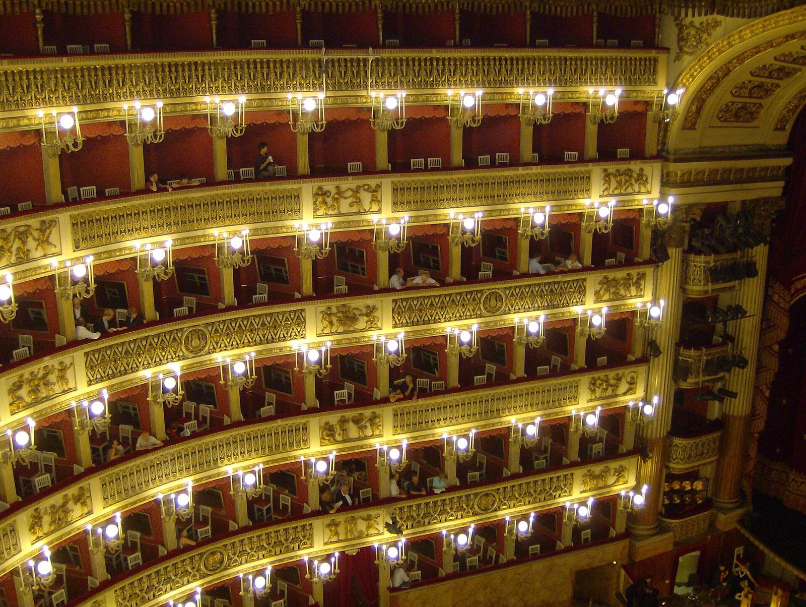 Gilded tiers of boxes inside the Teatro di San Carlo opera house in Naples